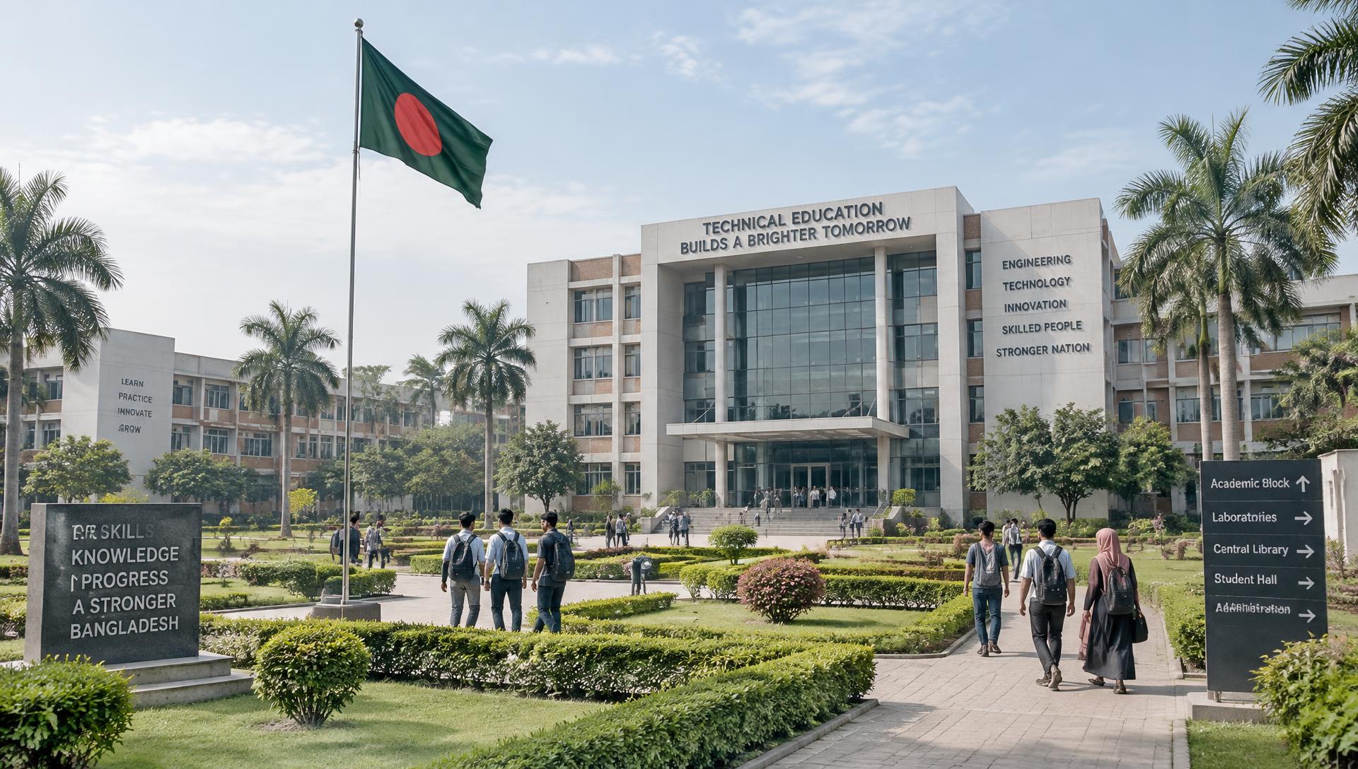 A Bangladesh polytechnic campus with students, manicured gardens and the Bangladesh flag